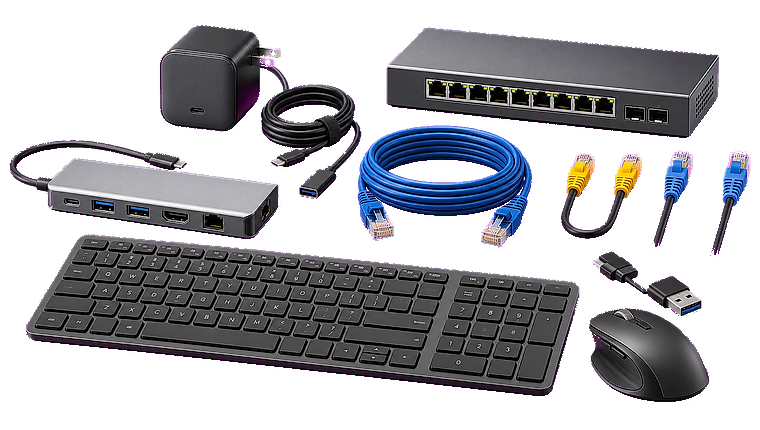 Teclado, mouse, switch, cabos e acessórios corporativos em fundo transparente